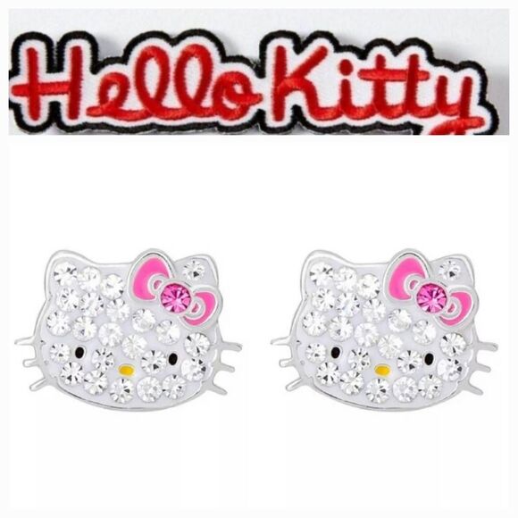 Hello Kitty Fine Silver Plated Logo Studded Crystal Earrings - Picture 1 of 9